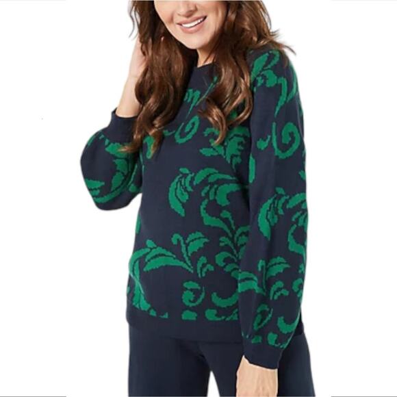 GILI Women Floral Sweater Jumper 2X Navy Blue Green Preppy Twee Classic NEW - Picture 1 of 11
